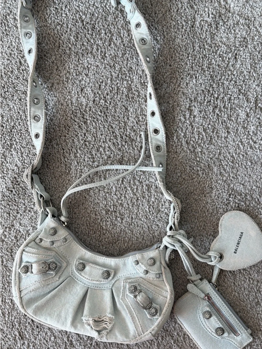 Balenciaga Light Gray Distressed Leather Shoulder Bag with Stud Accents - Picture 1 of 3